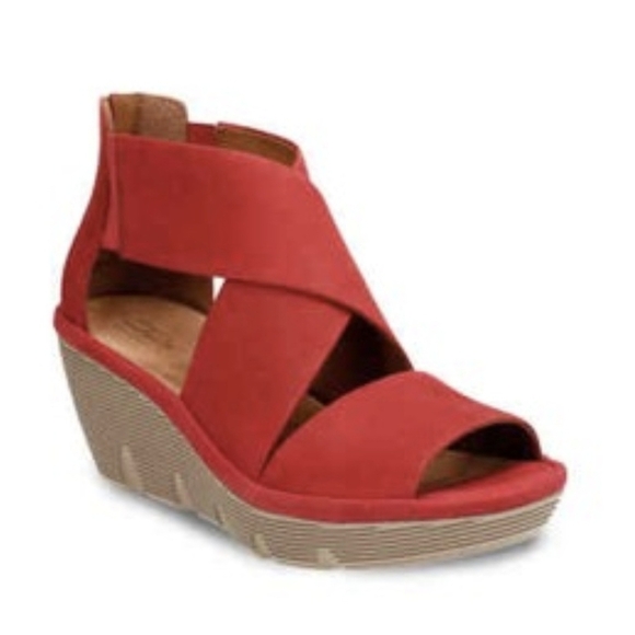 Clarks Clarene Glamor Sandal Red Nubuck Leather Wedge Heel Platform 7.5 - Picture 1 of 8